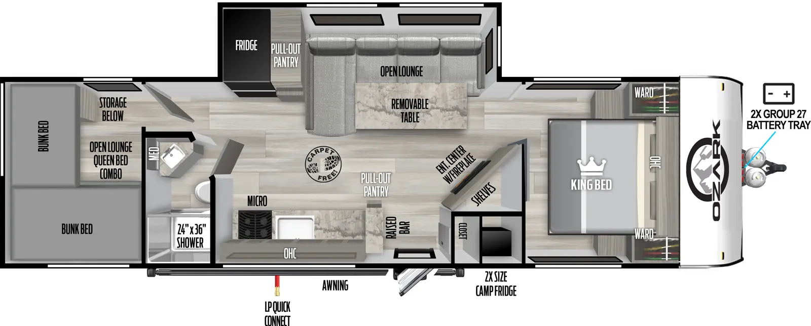 The Ozark 2890BHK floorplan has one entry and one slide out. Exterior features include: fiberglass exterior. Interiors features include: bunk beds and front bedroom.